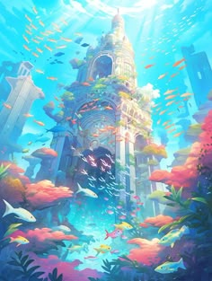 an underwater scene with many fish swimming around the tower and surrounding it is bright blue