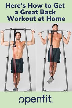 a man is doing exercises on a pull up bar with the words, here's how to get a great back workout at home