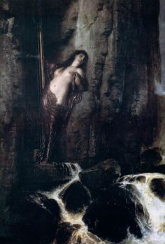 a painting of a woman hanging from a rope in the water next to some rocks