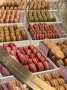 an assortment of different types of macaroons on display