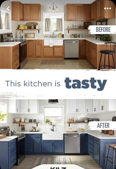 two pictures of kitchen cabinets with the words tasty in blue and white above them