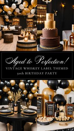 a black and gold themed birthday party with balloons, confetti, cake and liquor bottles