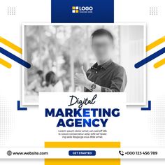 an advertisement for digital marketing agency with a man holding a sign in front of him