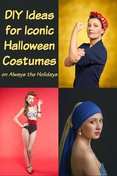 four different photos with the words diy ideas for iconic halloween costumes on them and an image of a woman wearing a bandana