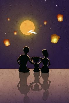 two people standing in front of a full moon with lanterns flying above them and the sky is filled with stars