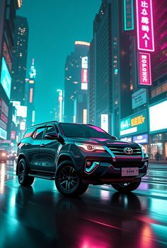 a black suv driving down a city street at night with neon signs in the background