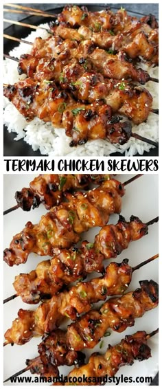 chicken skewers with rice and sauce on them