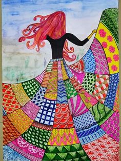 a drawing of a woman in a colorful dress