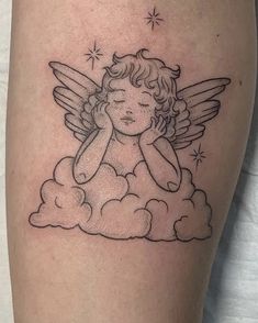 an angel sitting on top of a cloud with stars in the sky above it tattoo