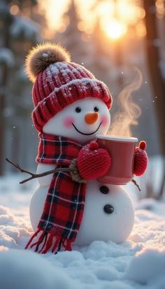 a snowman is holding a cup in the snow