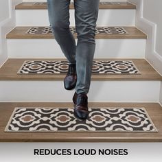 a man is walking up some stairs with his shoes on and the words reduce loud noises