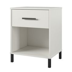 a white night stand with one drawer open