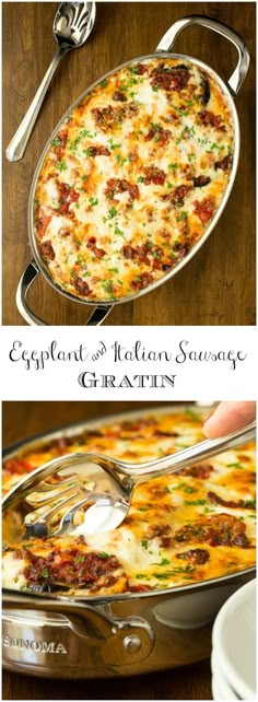 an eggplant and italian sausage casserole is shown in this collage