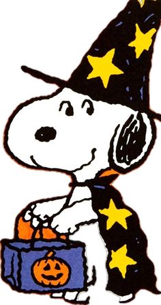 a cartoon dog wearing a witches hat and holding a box with pumpkins on it