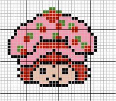 a cross - stitch pattern with a pink cupcake on it's face and green leaves