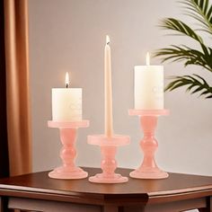 three candles sitting on top of a table next to a potted plant