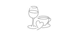 two wine glasses sitting on top of each other next to a heart shaped glass with the word love written in it