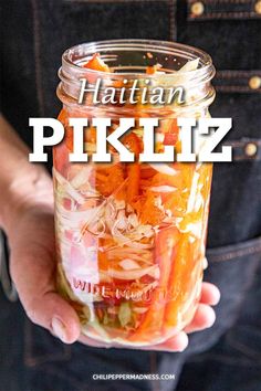 a person holding a mason jar full of pickles and onions with text overlay