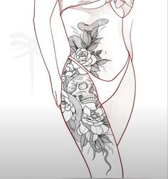 Plus Size Side Tattoo, Back Tattoo Connected To Thigh, Leg Tattoo Ideas Female Meaningful, Skull Spine Tattoos For Women, Tattoo Inspo Women Sleeve, Upper Thigh Sleeve Tattoo Women, Thigh Tatoos Woman, Large Hip Tattoos Women, Thigh Sleeve Tattoo Women