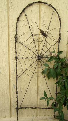 a spider web is attached to the side of a wall next to a potted plant