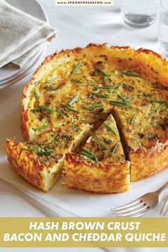 a broccoli and cheddar quiche on a plate with silverware