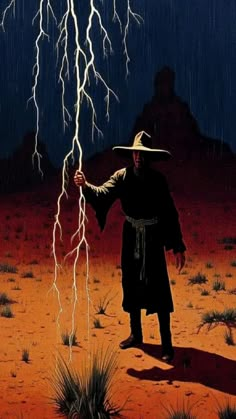 a man with a hat on standing in the middle of a desert under a lightning storm