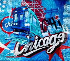 graffiti on the side of a building that says chicago with a train coming out of it