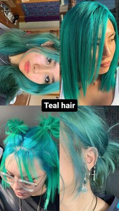 Teal hair Short Aqua Hair, Teal Blue Hair Color, Teal Hair Aesthetic, Teal Highlights In Brown Hair, Teal Hair Ideas, Mermaid Green Hair, Pink And Teal Hair, Short Teal Hair, Grunge Haircuts