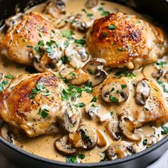 chicken with mushrooms and gravy in a skillet