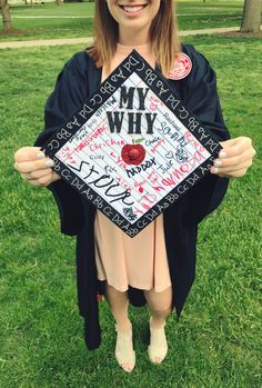 a woman is holding up her graduation cap with writing all over it and the words i'm wh on it