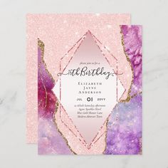 a pink and purple birthday party card with gold glitters on the edges, in front of a marble background