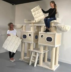 two women standing on top of a cat tree with their arms around each other while one woman holds up a large piece of furniture