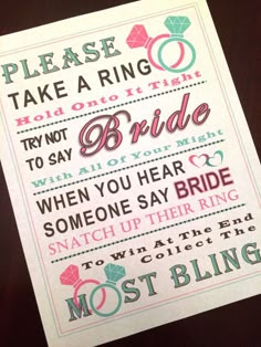 an image of a wedding card with the words, please take a ring to my bride