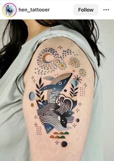 a woman's arm with an abstract tattoo design on the left side of her body