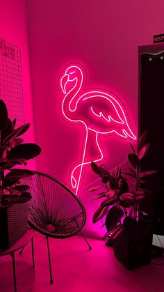 a pink flamingo neon sign sitting on the side of a wall next to potted plants