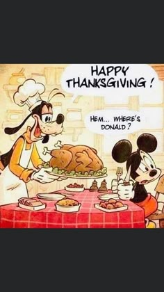 mickey and minnie cooking thanksgiving turkey for someone's family at the table with their dog