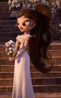 a cartoon girl with long brown hair and white dress holding flowers in front of stairs