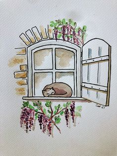 a drawing of a cat sleeping in an open window with wisters on the outside