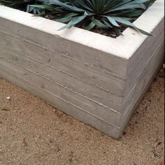 a concrete planter with plants growing out of it