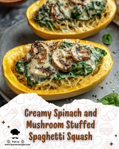 creamy spinach and mushroom stuffed spaghetti squash is the perfect side dish for any meal