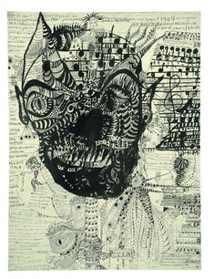 a black and white drawing of a face with lots of words on the wall behind it