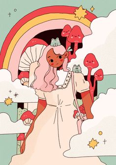 a woman in a white dress and pink hair holding an umbrella over her head, surrounded by clouds