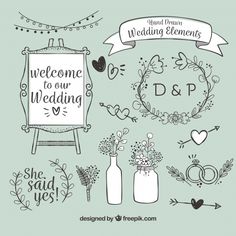 hand drawn wedding elements in black and white