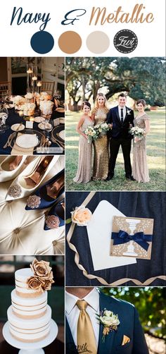 navy and gold wedding color scheme for the bride's dress, grooms tuxedo