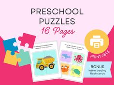 the printable preschool puzzles for kids is shown in front of a pink background with puzzle pieces