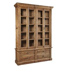 a wooden cabinet with glass doors and drawers on the bottom, in front of a white background