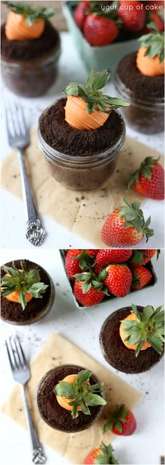 chocolate cake with strawberries on top and other desserts in the background, all topped with fresh strawberries