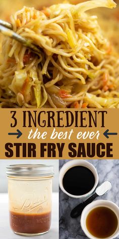 three ingredients to make stir fry sauce in jars and spoons with text overlay that reads, 3 ingredient goes with everything stir fry fry sauce