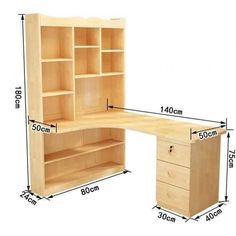 an image of a wooden desk with drawers and shelves on the bottom side, measurements