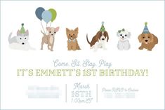 a birthday card with dogs and balloons in the shape of letters that say, come at stay play it's emmett's 1st birthday